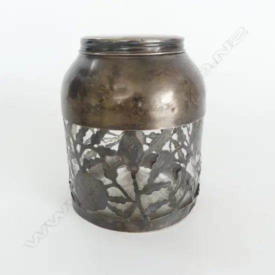 STG SILVER 'S.N.R.' DANISH? TEA CADDY w. GLASS INTERIOR H.120mm SMALL FAULTS