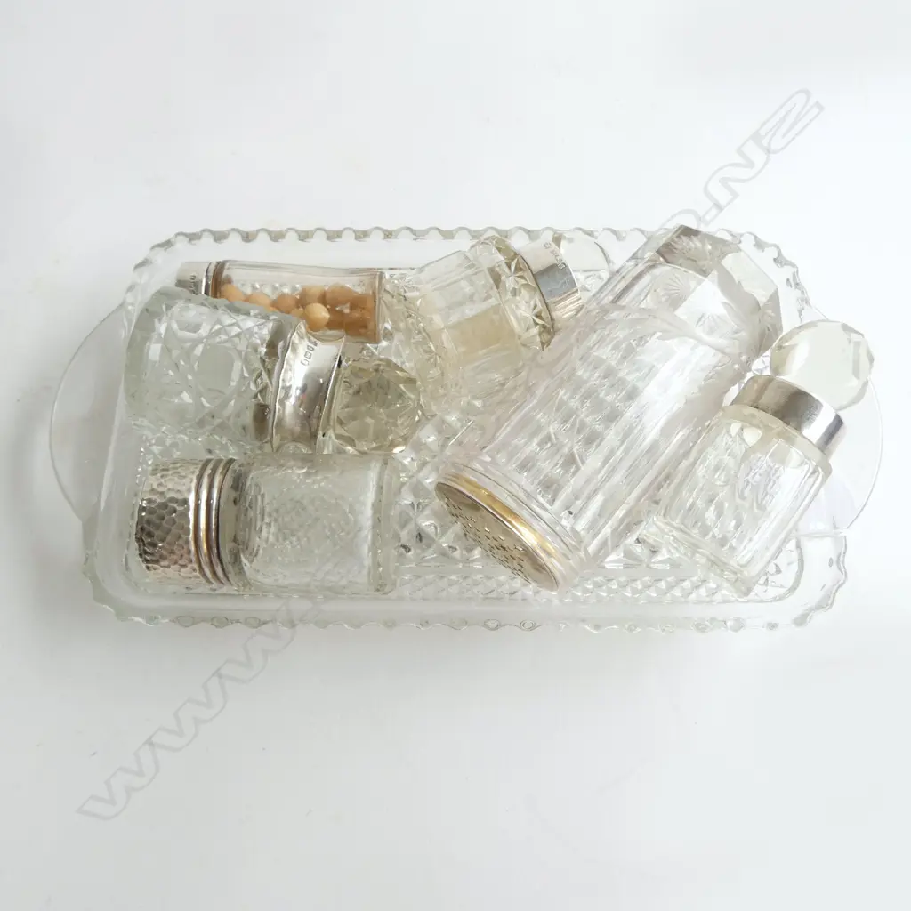6 STG SILVER & CRYSTAL VANITY JARS & TRAY BIRMINGHAM 1906 ETC (SOME A/F) Image 1++