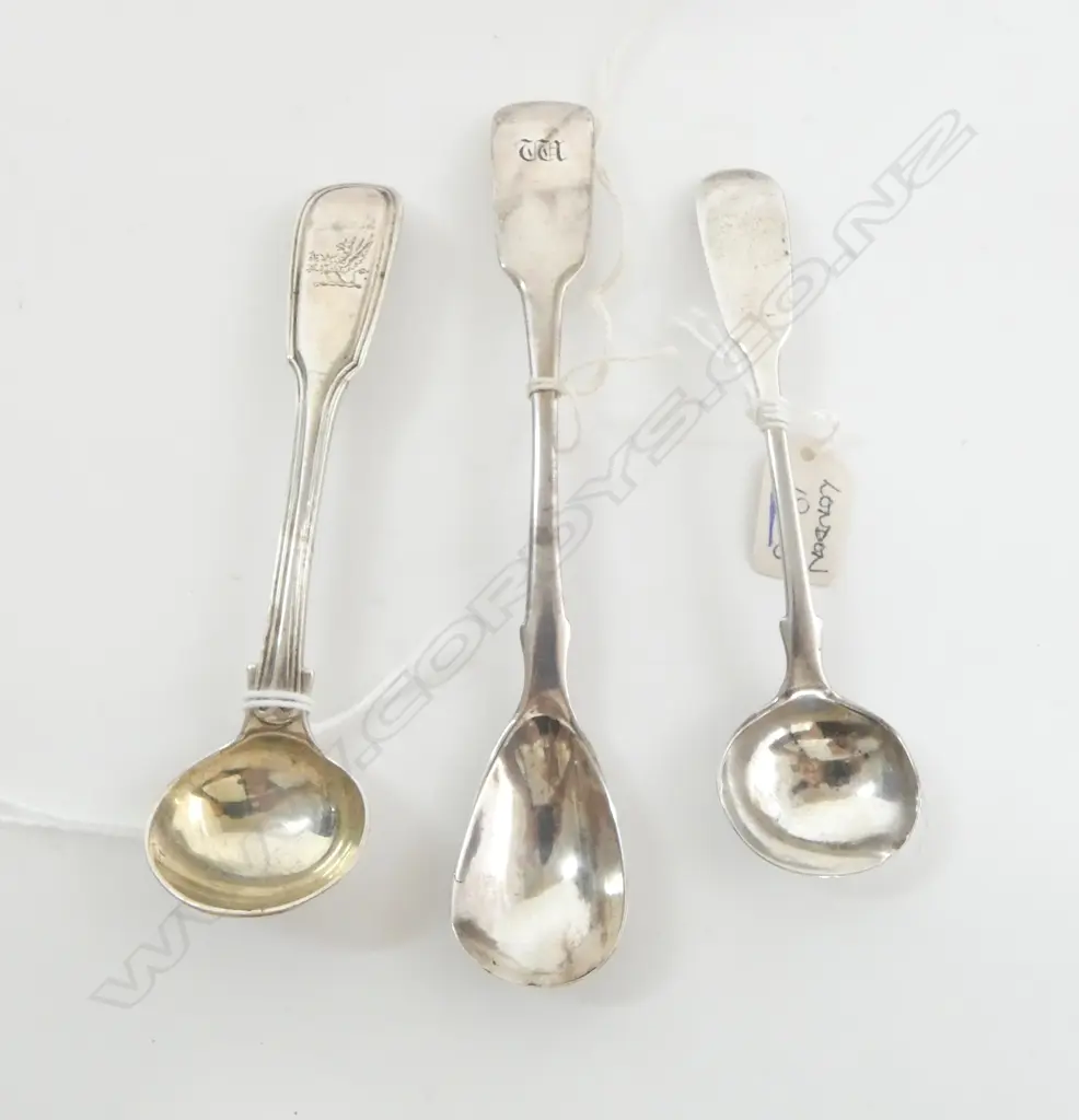 3 x 19thC SILVER SPOONS: 2 SALT SPOONS L.1853 + 1845 +MUSTARD SPOON EXETER 1828. 53gms Image 1++