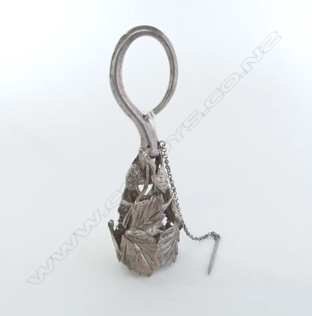 VICTORIAN SILVER EMBOSSED FLOWER POSY HOLDER strawberry decoration minor faults L.125mm  Image 1++