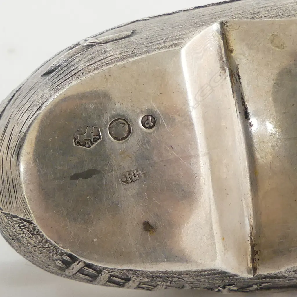 1963 DUTCH SILVER NOVELTY CLOG CIGAR ASHTRAY embossed w farm & river scenes L.110mm 76gms Image 1++