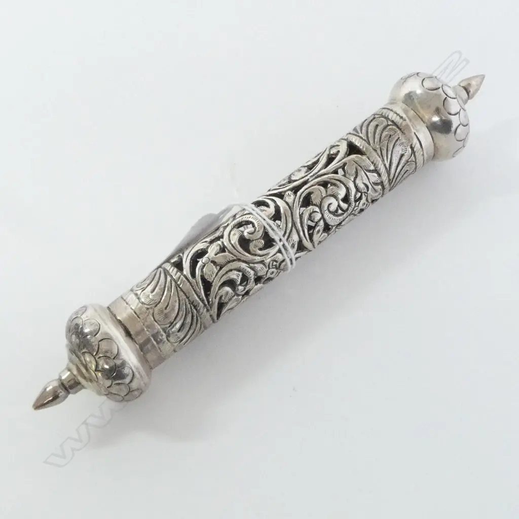 EGYPTIAN SILVER EMBOSSED & PIERCED PRAYER SCROLL HOLDER L.200mm Image 1++