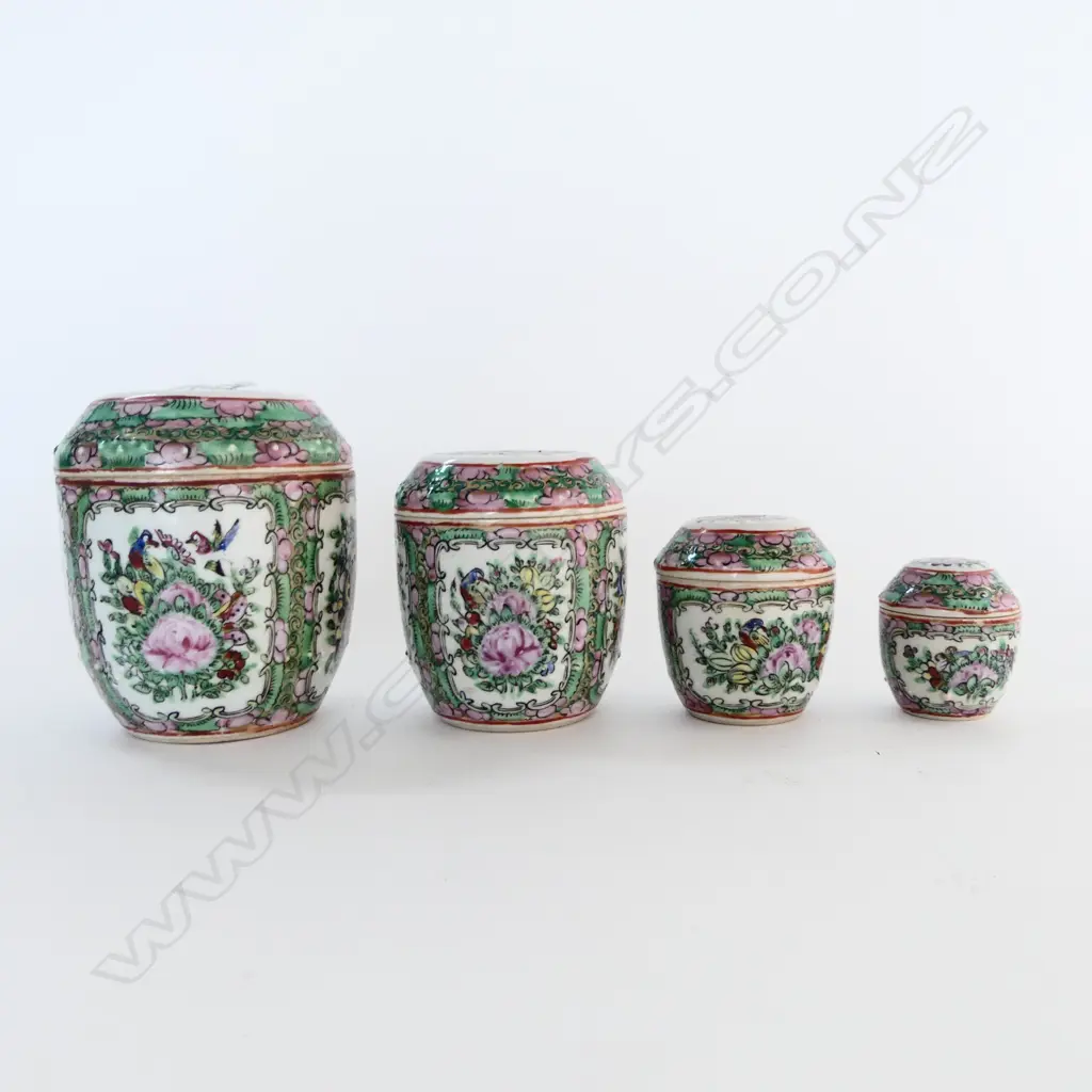 4 C1900 CHINESE FAMILLE ROSE GRADUATED LIDDED BOXES. Tallest H.116mm. Image 1++