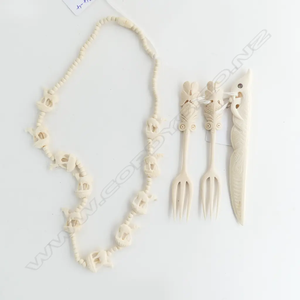 CARVED IVORY CAMEL BEAD NECKLACE L.245mm & 3 BONE Image 1++