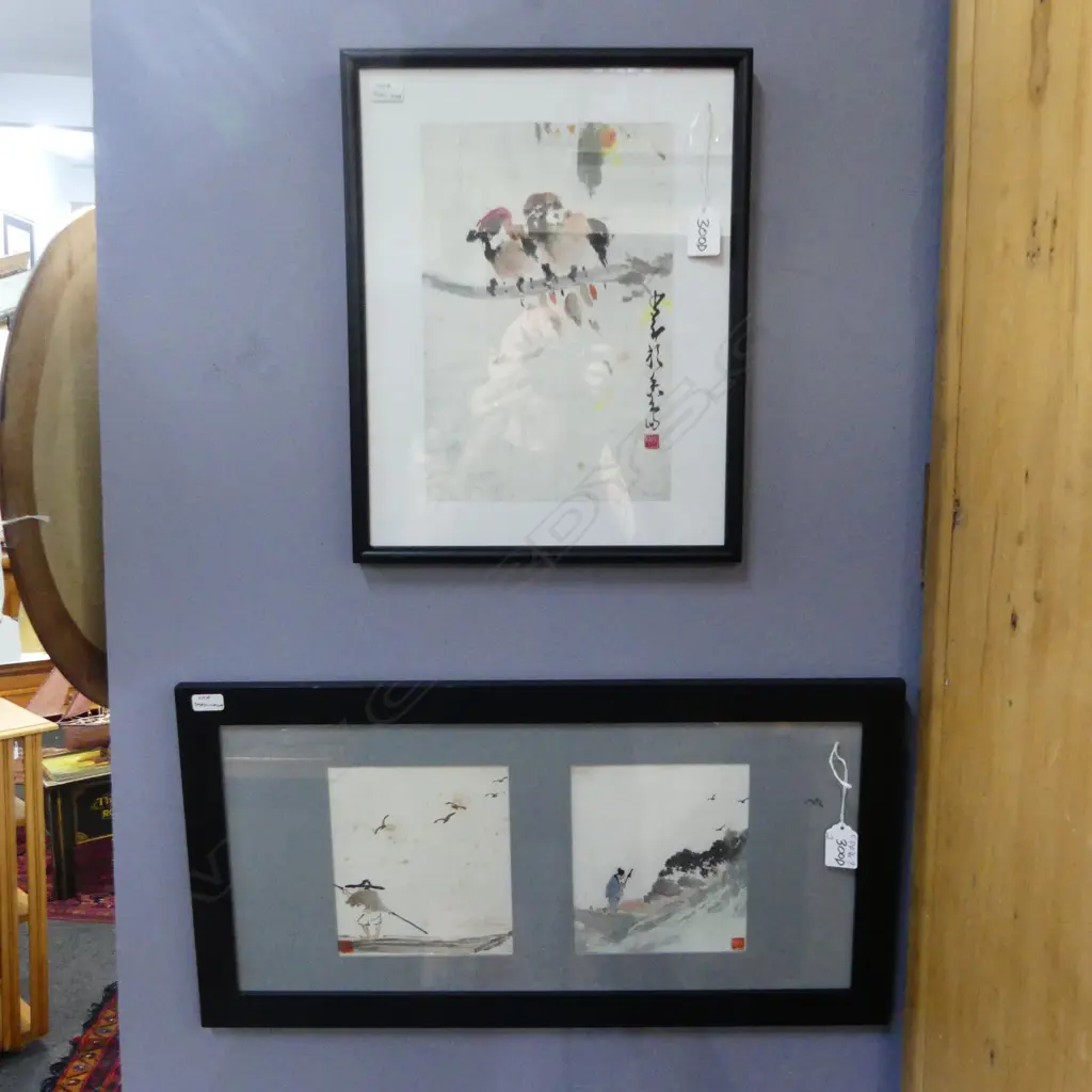 TWO FRAMED CHA SHAU'ANG attributed watercolours: 1 x TWO BIRDS 270 X 185mm + 2 works in 1 frame of a farmer Image 1++