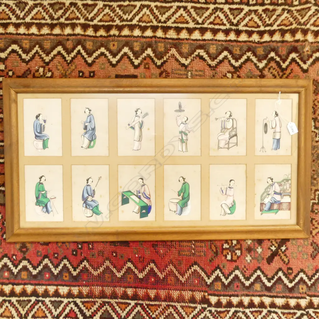 12 HAND-PAINTED CHINESE PICTURE PANELS ON PITH PAPER, MUSICIANS, (SOME FOXING), 380 x 810mm Image 1++