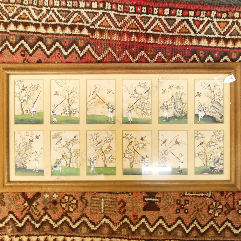 12 HAND-PAINTED CHINESE PICTURE PANELS ON PITH PAPER, HUNTING SCENES (SOME FOXING), 815 x 390mm Image 1++