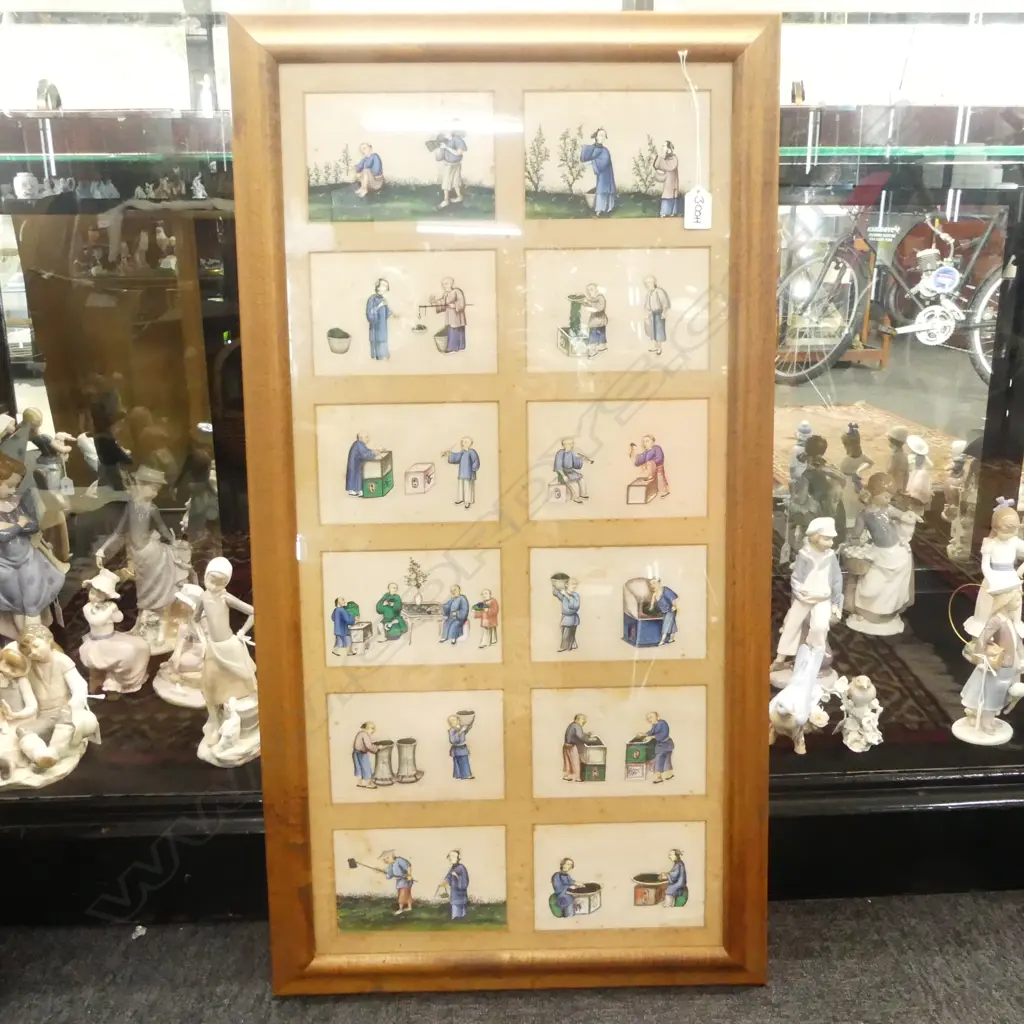 12 HAND-PAINTED CHINESE PICTURE PANELS ON PITH PAPER, DOMESTIC & FARMING SCENES (SOME FOXING), 820 x 390mm Image 1++