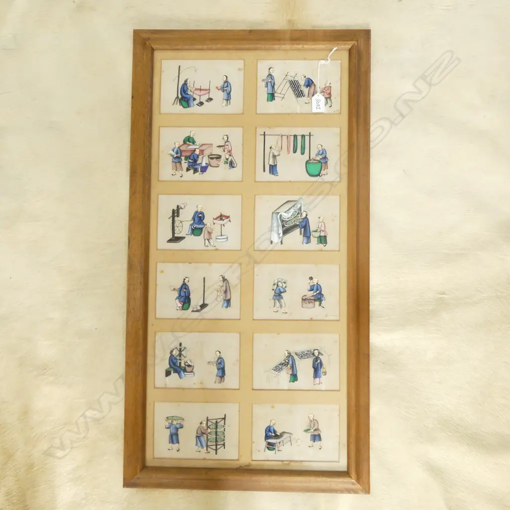 12 HAND-PAINTED CHINESE PICTURE PANELS ON PITH PAPER, WEAVING & DYING GARMENTS, 810 x 380mm Image 1++