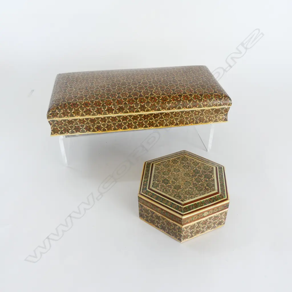 2 KHATAM INLAID TRINKET BOXES; 1 wooden interior, other full micro mosaic & camel bone interior. W.205mm Image 1++