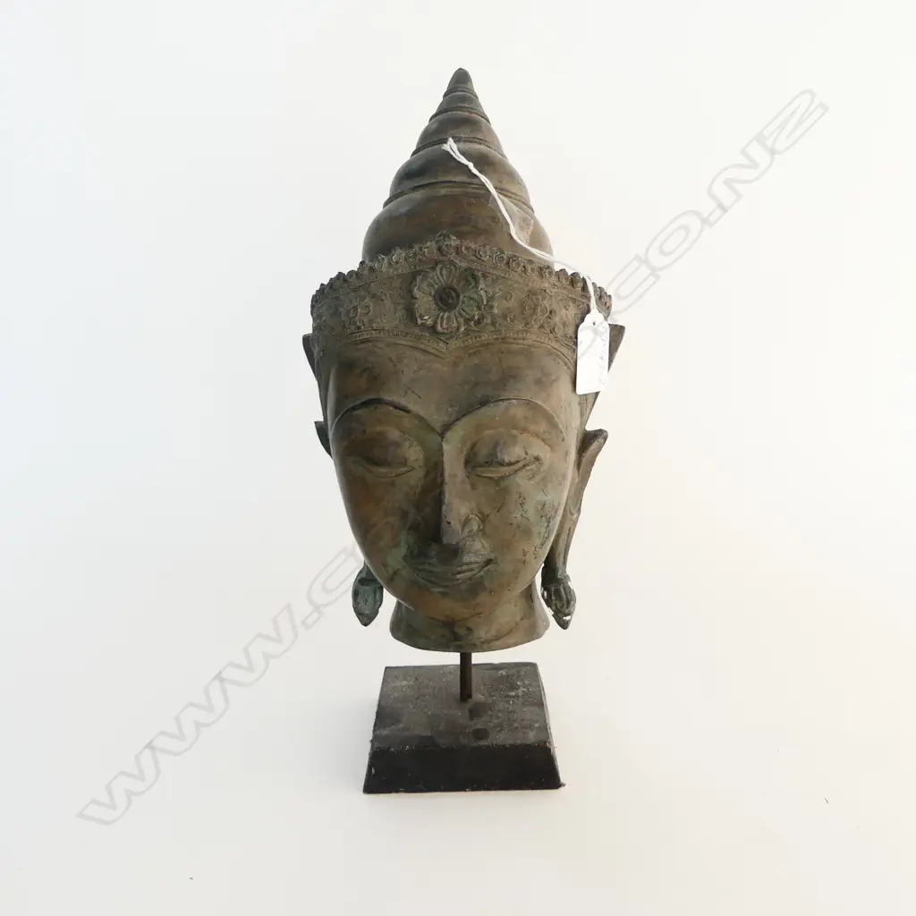 FINELY WORKED ORIENTAL BRONZE BUDDHA HEAD ON STAND H.340mm Image 1++