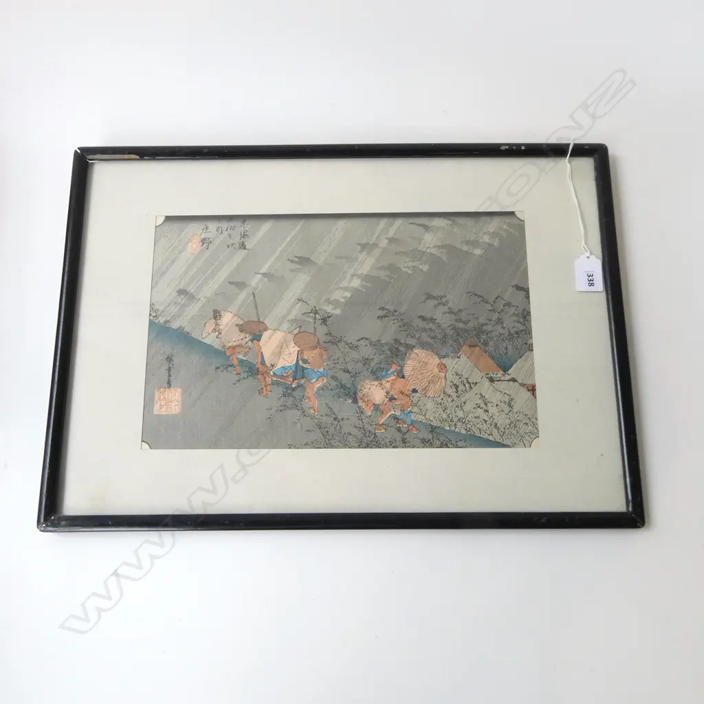 JAPANESE WOODBLOCK PRINT AFTER HIROSHIGE, 'SHONO' (A SHOWER), DATED VERSO 1919, 215X340mm Image 1++