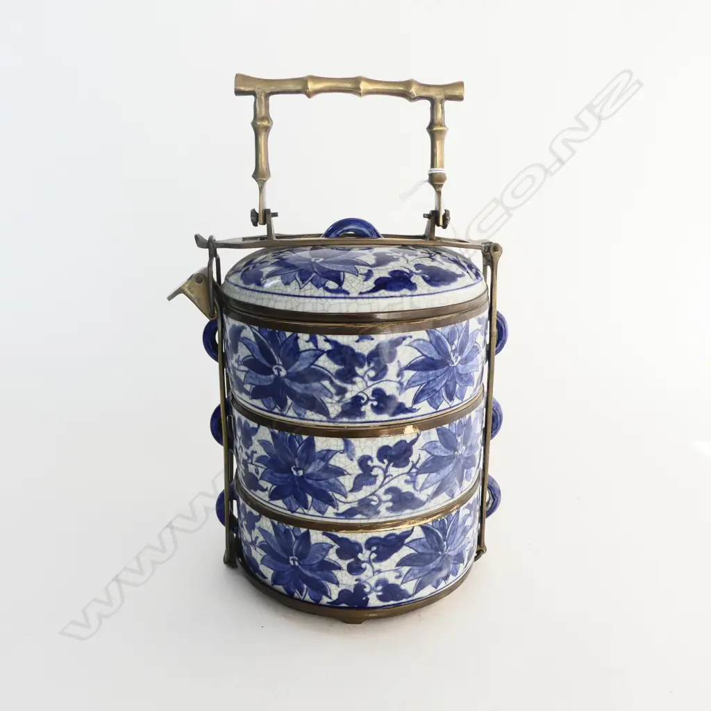 BRASS BOUND B/W CRACKLE GLAZE 3 TIER ORIENTAL LUNCH BOX H.230mm Image 1++