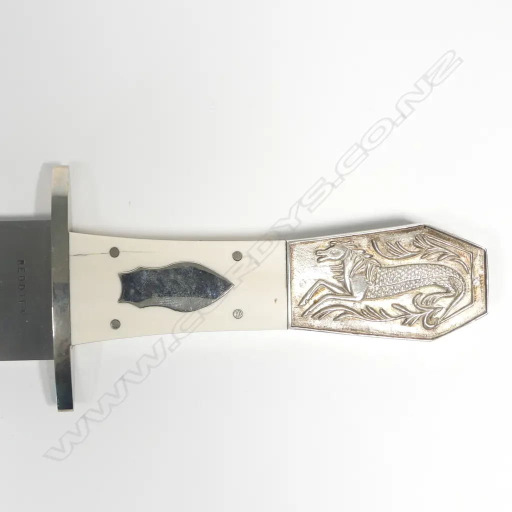 LG CUSTOM REDDIEX BOWIE KNIFE. BONE HANDLE. SILVER BUTT CAP w MYTHICAL HORSE/REPTILE. L.360mm Image 1++