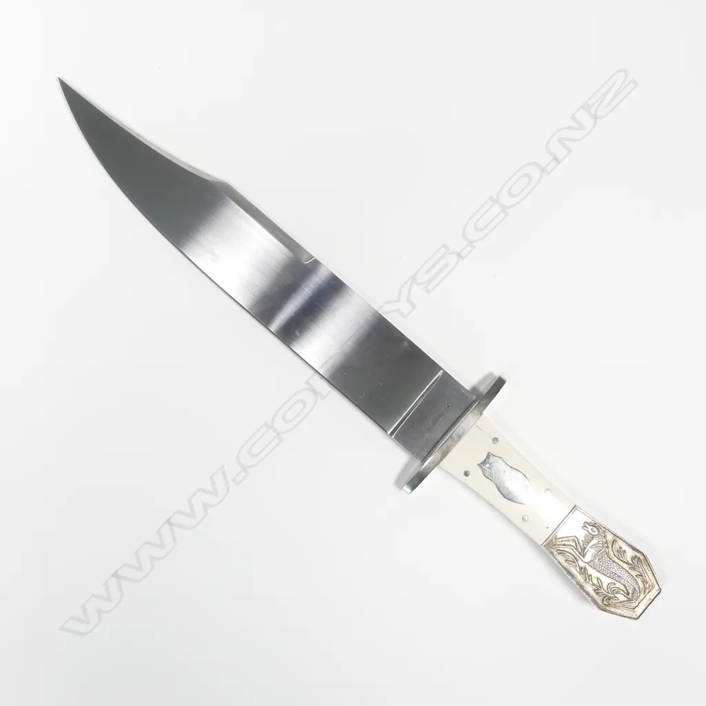 LG CUSTOM REDDIEX BOWIE KNIFE. BONE HANDLE. SILVER BUTT CAP w MYTHICAL HORSE/REPTILE. L.360mm Image 1++