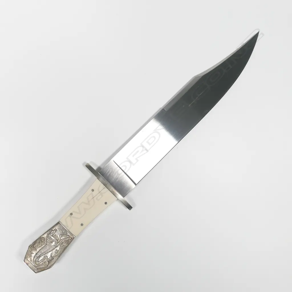 LG CUSTOM REDDIEX BOWIE KNIFE. BONE HANDLE. SILVER BUTT CAP w MYTHICAL HORSE/REPTILE. L.360mm Image 1++