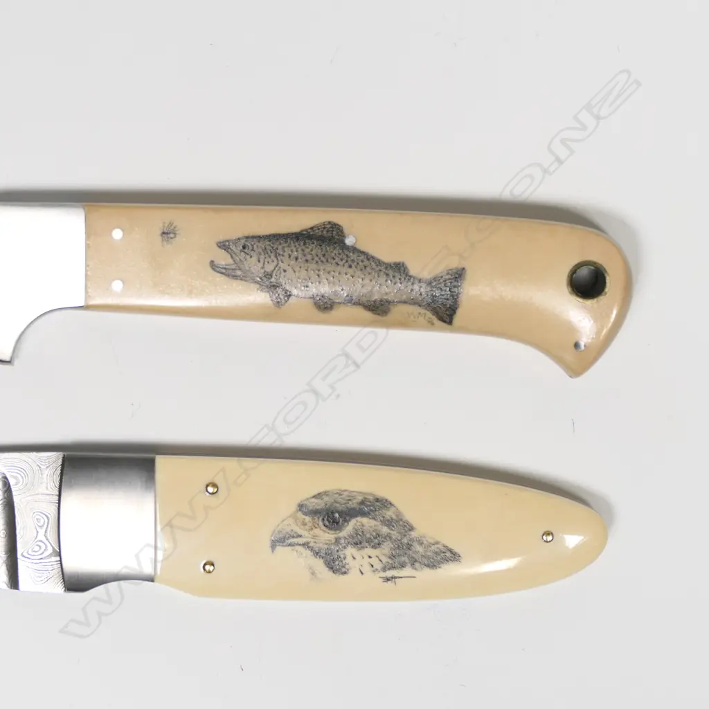 PR CUSTOM BILL NIKL BONE UTILITY KNIVES. DAMASCUS STEEL BLADES. SCRIMSHAW BIRD/TROUT. L.?? Image 1++