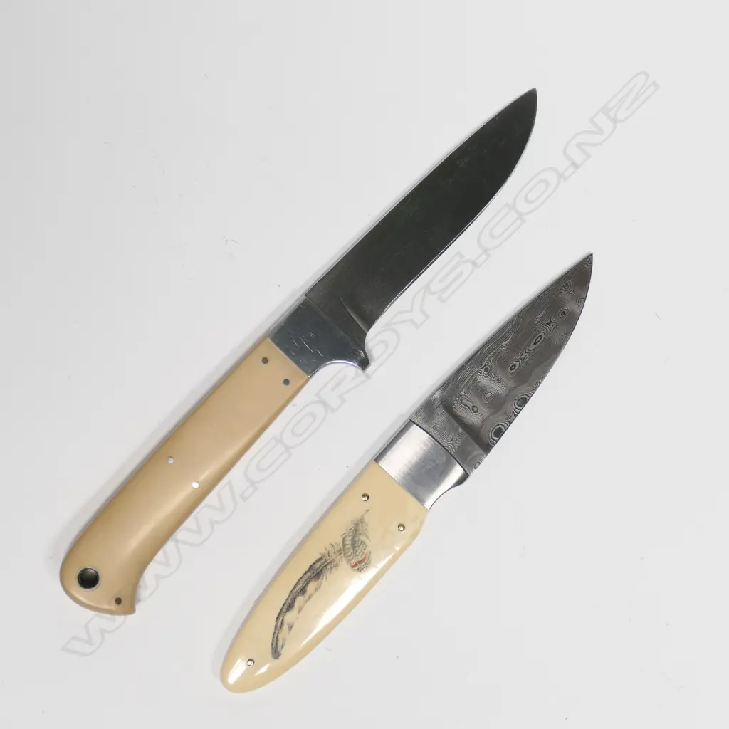 PR CUSTOM BILL NIKL BONE UTILITY KNIVES. DAMASCUS STEEL BLADES. SCRIMSHAW BIRD/TROUT. L.?? Image 1++
