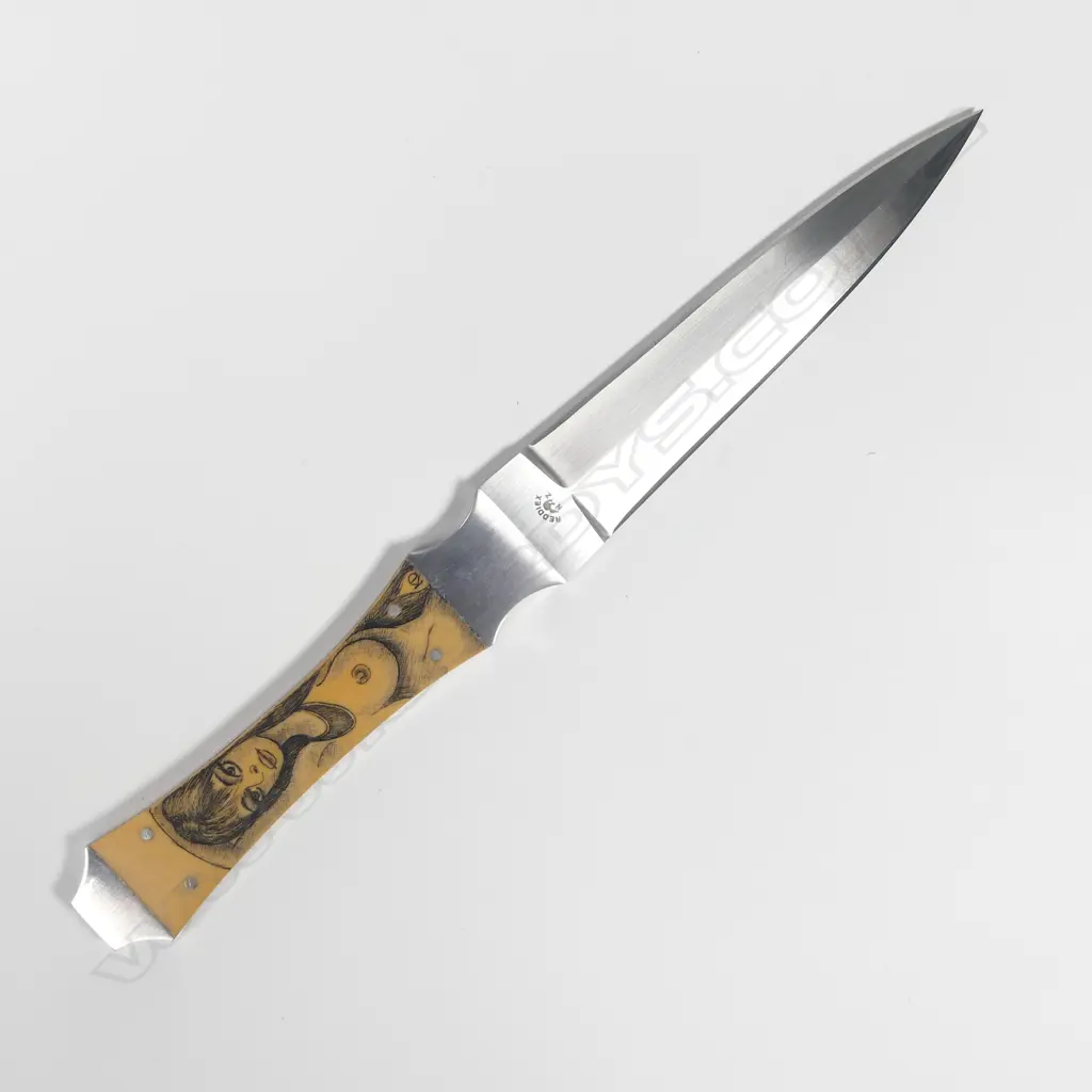 CUSTOM REDDIEX DAGGER KNIFE; NAKED WOMAN SCRIMSHAW & DECORATIVE TANG. L.240mm Image 1++