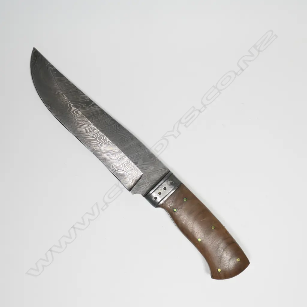 CUSTOM DAMASCUS STEEL BOWIE KNIFE. WOOD HANDLE. L.280mm (now w leather scabbard) Image 1++