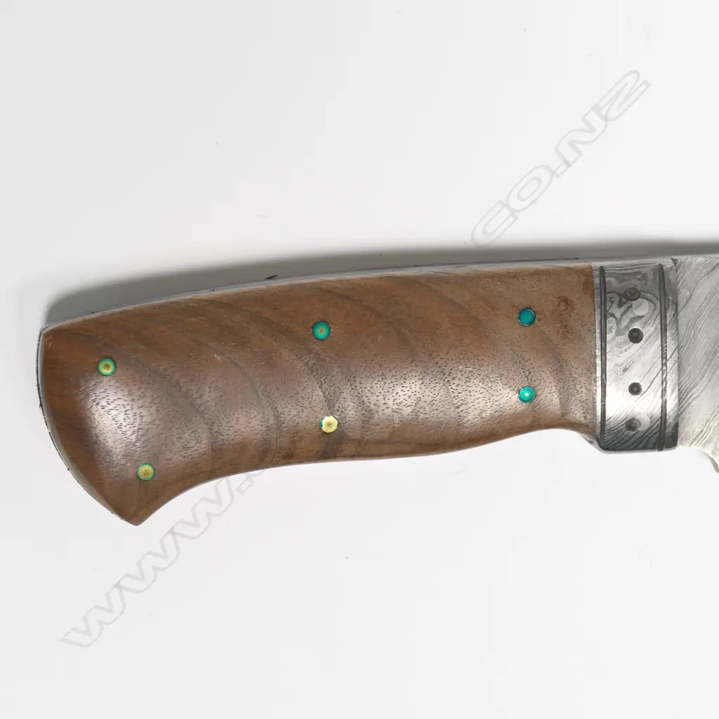 CUSTOM DAMASCUS STEEL BOWIE KNIFE. WOOD HANDLE. L.280mm (now w leather scabbard) Image 1++