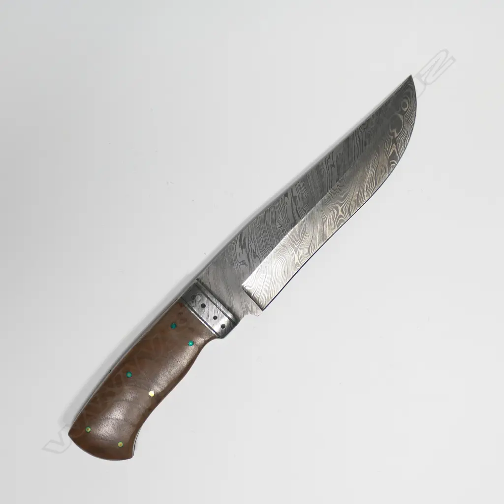 CUSTOM DAMASCUS STEEL BOWIE KNIFE. WOOD HANDLE. L.280mm (now w leather scabbard) Image 1++