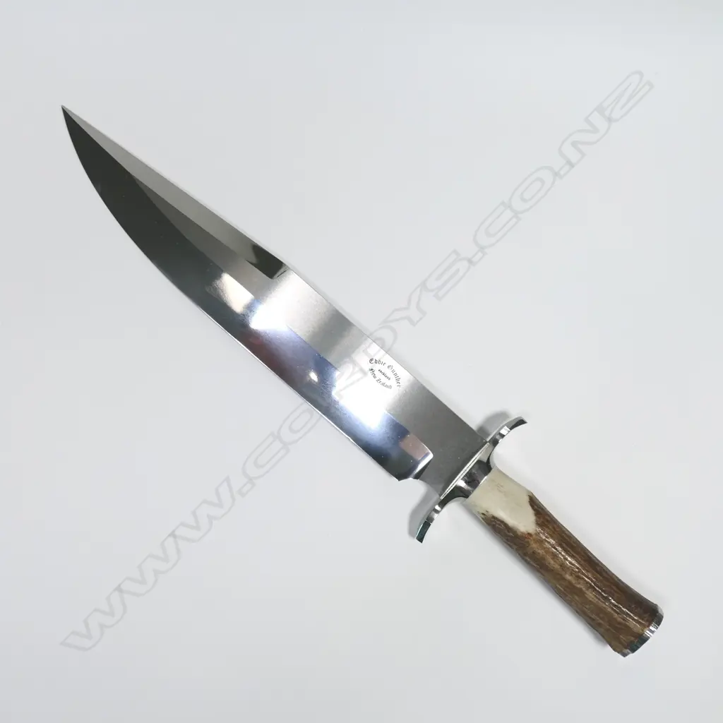SUBSTANTIAL CUSTOM EDDIE GUNTHER ANTLER HANDLED HUNTING KNIFE w HAND TOOLED LEATHER SHEATH. L440mm Image 1++