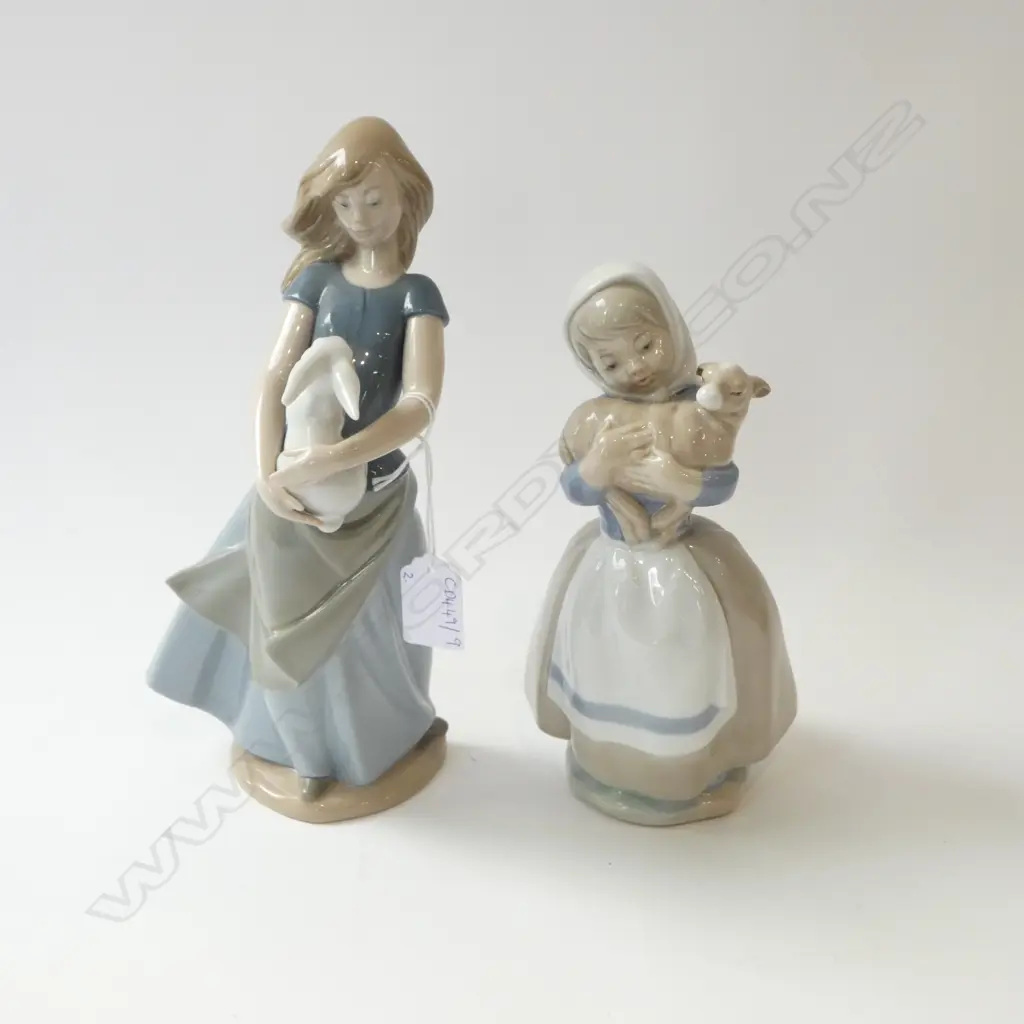 2 NAO FIGURINES; WOMAN w. BUNNY RABBIT H.250mm, GIRL w. LAMB Image 1++