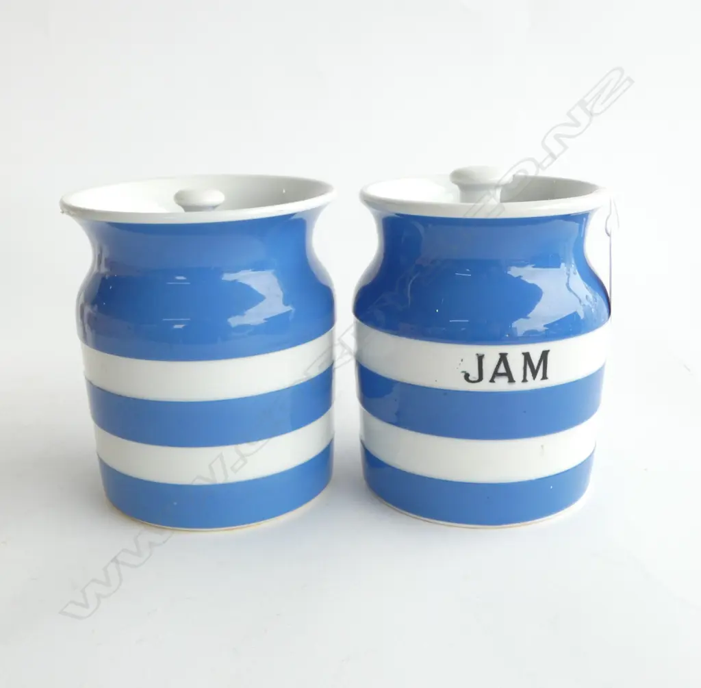 TWO 1930’S CORNISHWARE LIDDED JARS, ONE ‘JAM’, H.130MM  Image 1++