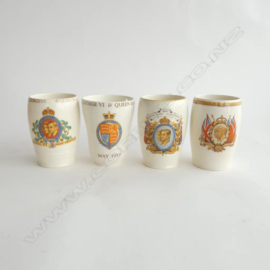 4 ROYALTY BEAKERS KING GEORGE, QUEEN MARY & QEII 1937 ETC, H.115MM Image 1++