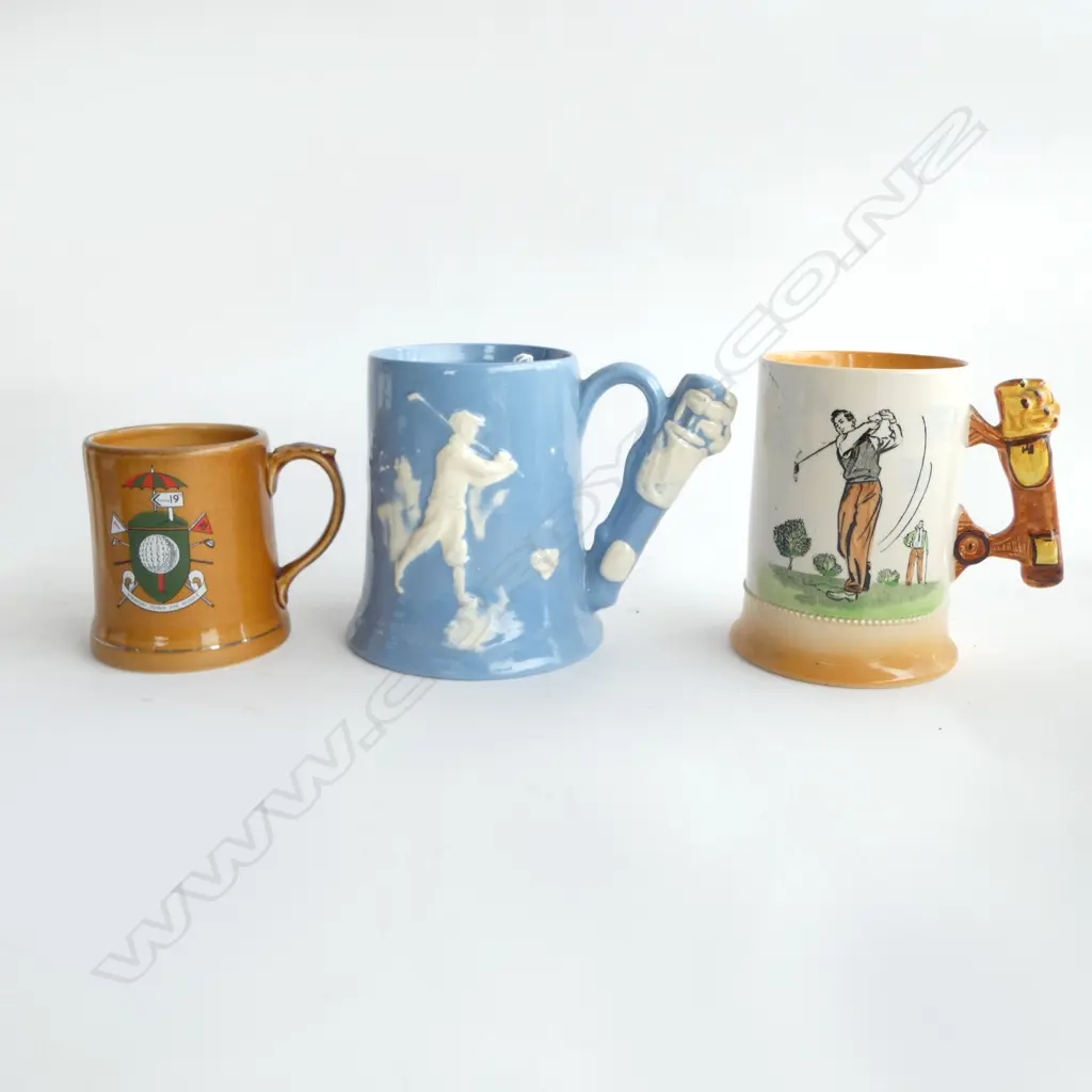 3 VINTAGE GOLFING TANKARDS SPORTS SERIES ARTHUR WOOD ETC, H.135MM  Image 1++