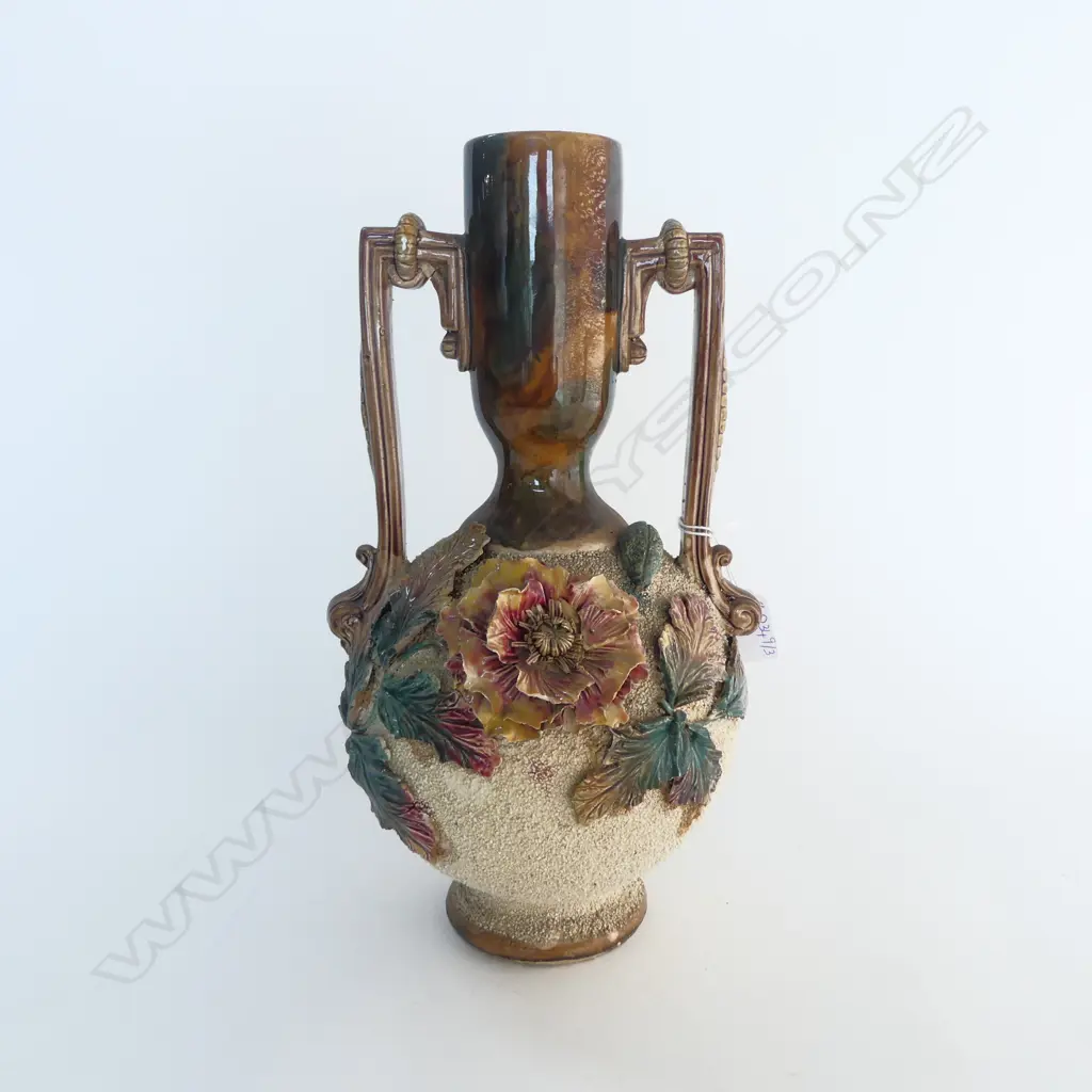 VASE w. APPLIED FLORAL DECORATION, ATTRIB. MILTON H.330mm chips Image 1++