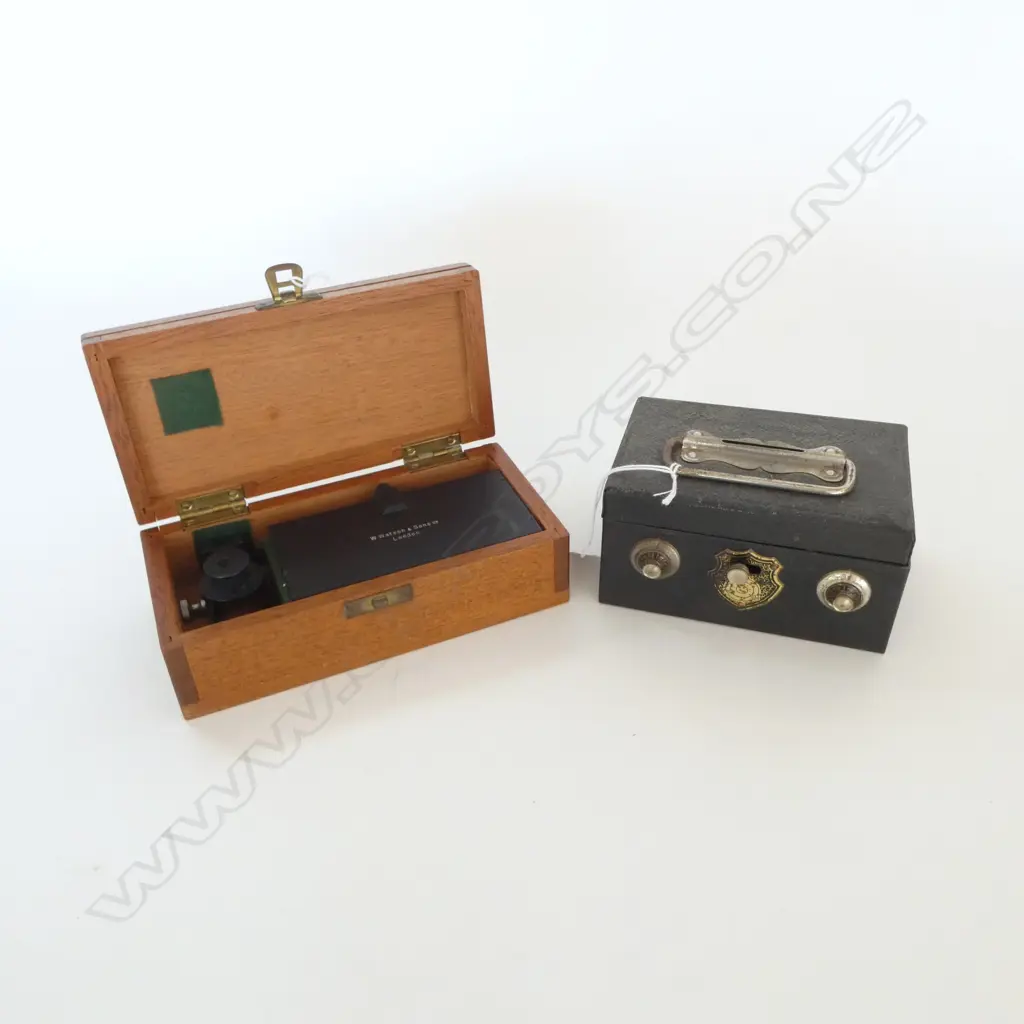 VINTAGE METAL COMBINATION MONEY BOX & CASED W. WATSON & SONS SCOPE Image 1++
