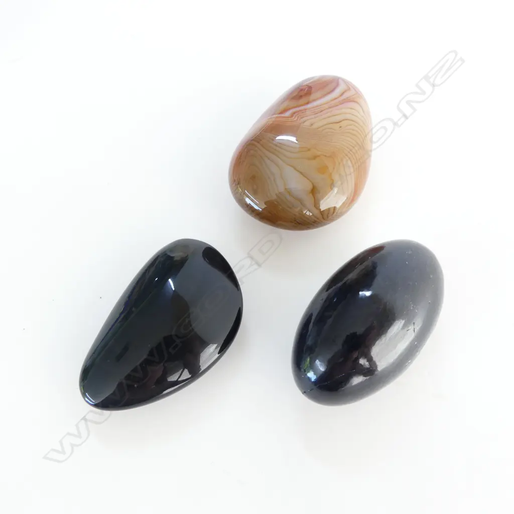 3 GEMSTONES; AGATE, BLACK TOURMALINE w. QUARTZ, RAINBOW OBSIDIAN W.60mm Image 1++