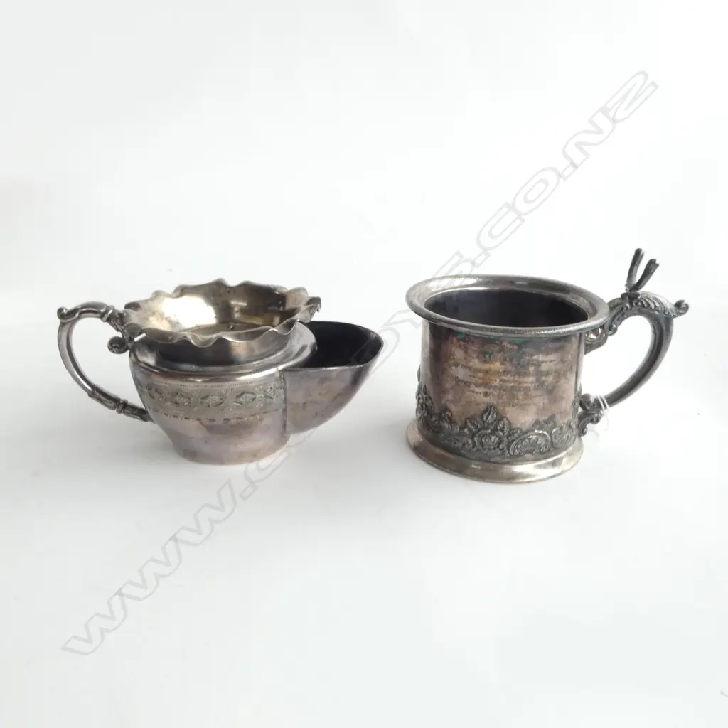 TWO ANTIQUE BARBER’S SHAVING MUGS JAMES DIXON & SONS ETC, L.150MM Image 1++