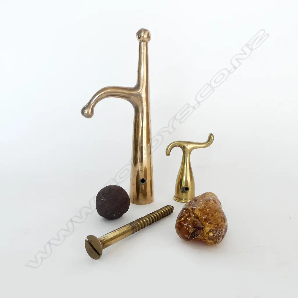 3 PCES. BRASS (2 GAFF ENDS), KAURI GUM & SMALL CANNONBALL Image 1++
