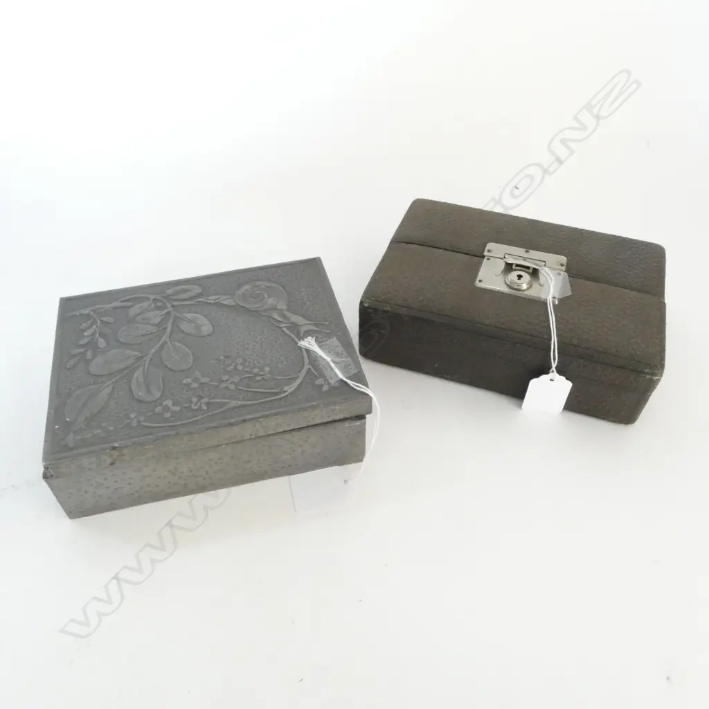 2 VINTAGE JEWLLERY BOXES; HANDWORKED PEWTER OVER WOOD & LEATHER w VELVET INTERIOR Image 1++