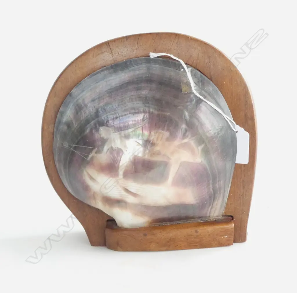 PACIFIC ISLAND WOOD & ENGRAVED MOP SHELL SCULPTURE 2 naked women waterskiing H.210mm Image 1++