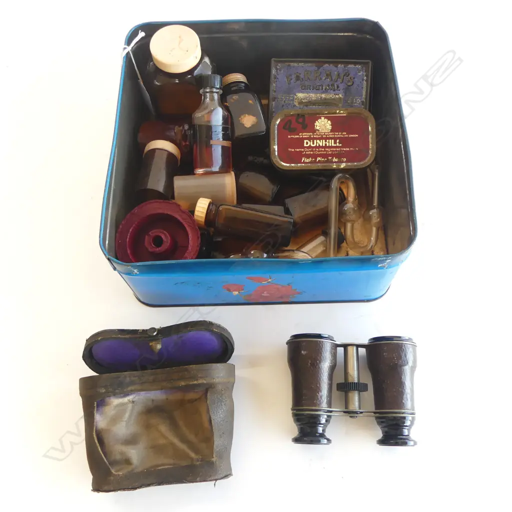 MEDICINE BOTTLES, CASED PR BINOCULARS ETC Image 1++