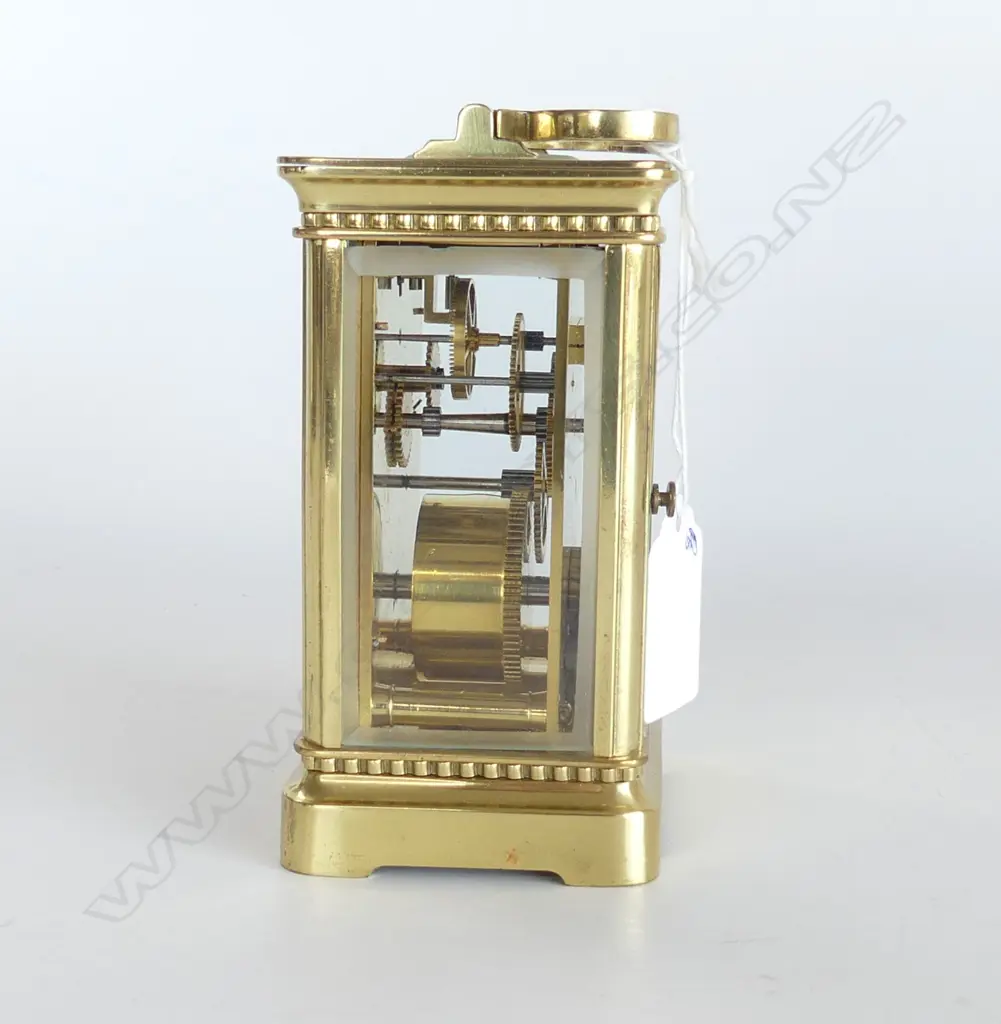 19thC FRENCH BRASS CARRIAGE CLOCK Art Nouveau embossed dial, w. key, running H.115mm Image 1++