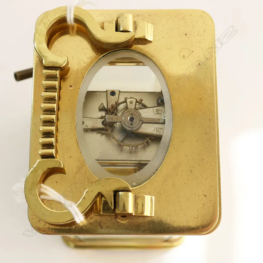 19thC FRENCH BRASS CARRIAGE CLOCK Art Nouveau embossed dial, w. key, running H.115mm Image 1++