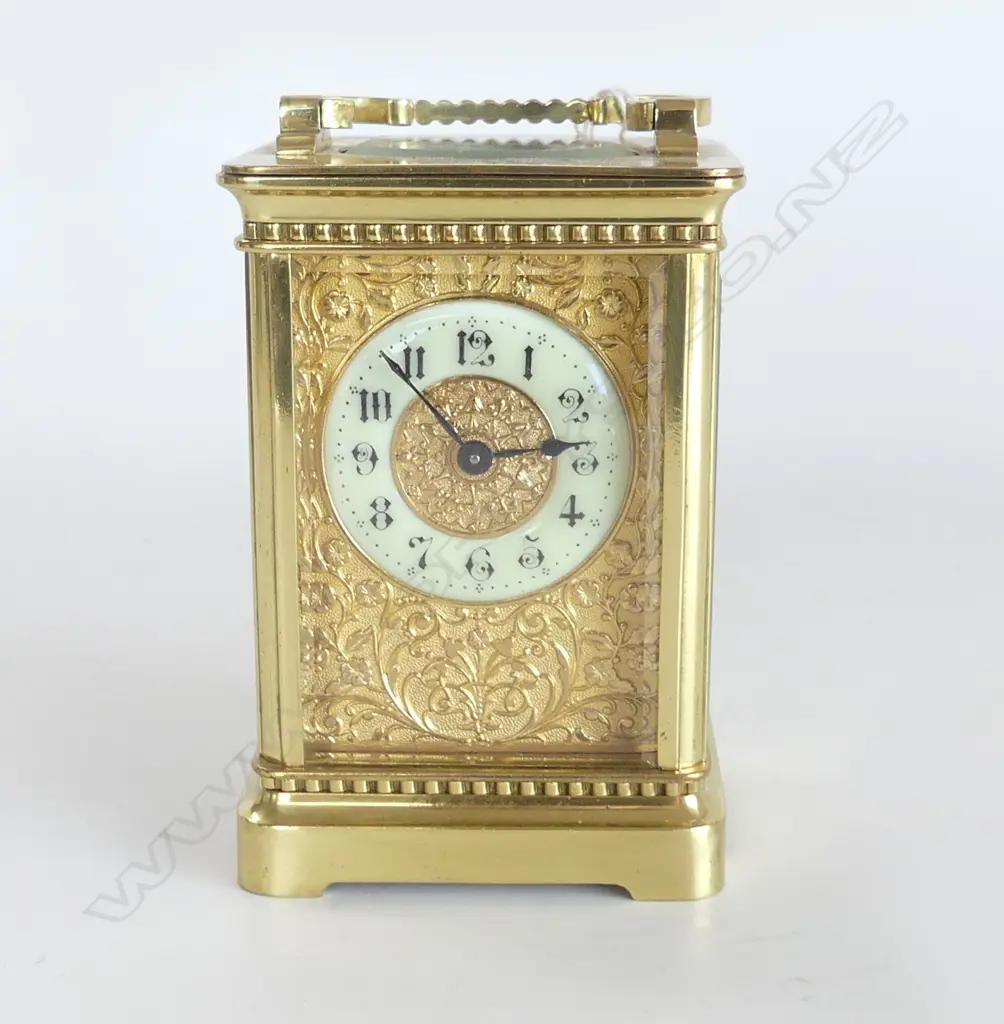 19thC FRENCH BRASS CARRIAGE CLOCK Art Nouveau embossed dial, w. key, running H.115mm Image 1++