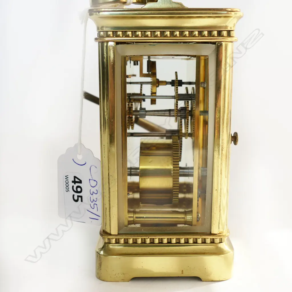 19thC FRENCH BRASS CARRIAGE CLOCK Art Nouveau embossed dial, w. key, running H.115mm Image 1++