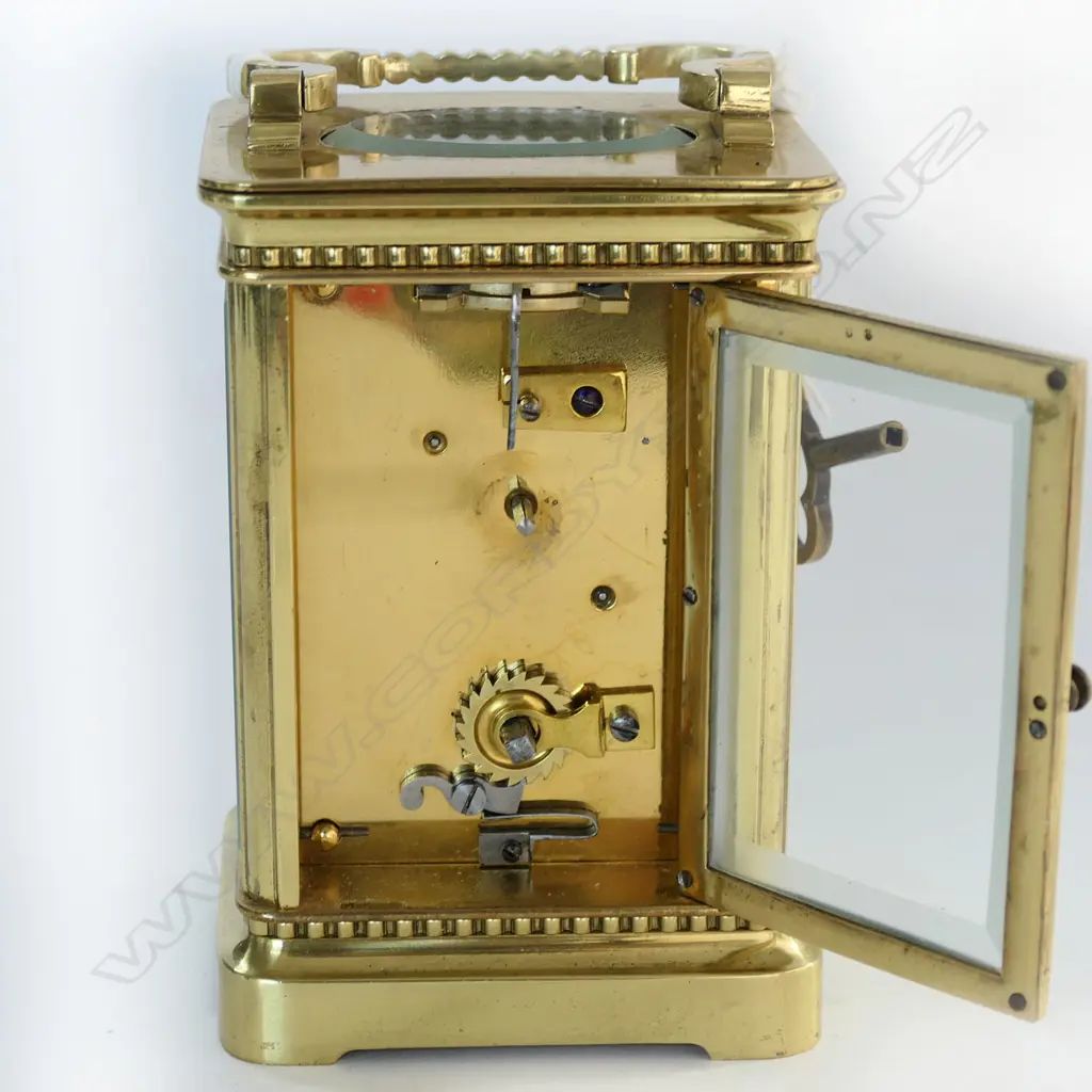 19thC FRENCH BRASS CARRIAGE CLOCK Art Nouveau embossed dial, w. key, running H.115mm Image 1++