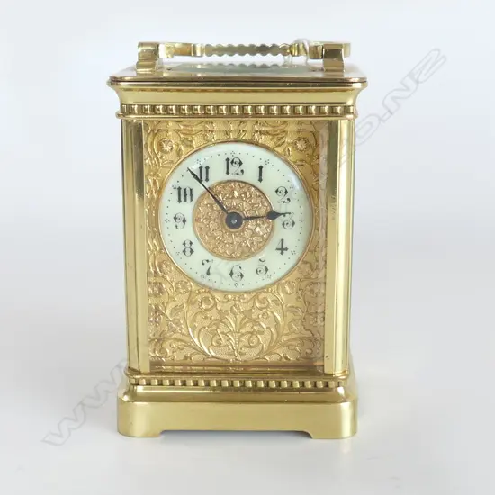 19thC FRENCH BRASS CARRIAGE CLOCK Art Nouveau embossed dial, w. key, running H.115mm