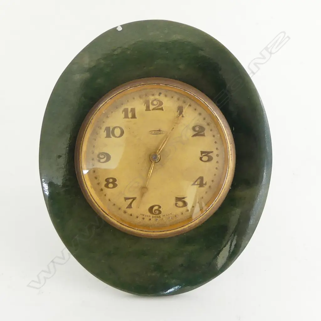 1930's SWISS 8-DAY DESK CLOCK IN NEPHRITE FRAME H.98mm Image 1++