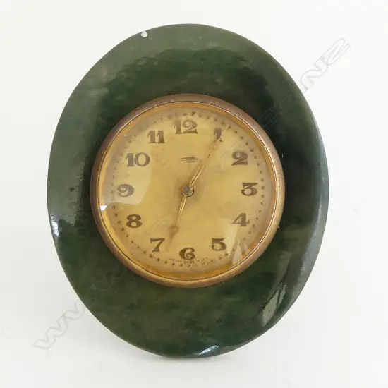 1930's SWISS 8-DAY DESK CLOCK IN NEPHRITE FRAME H.98mm