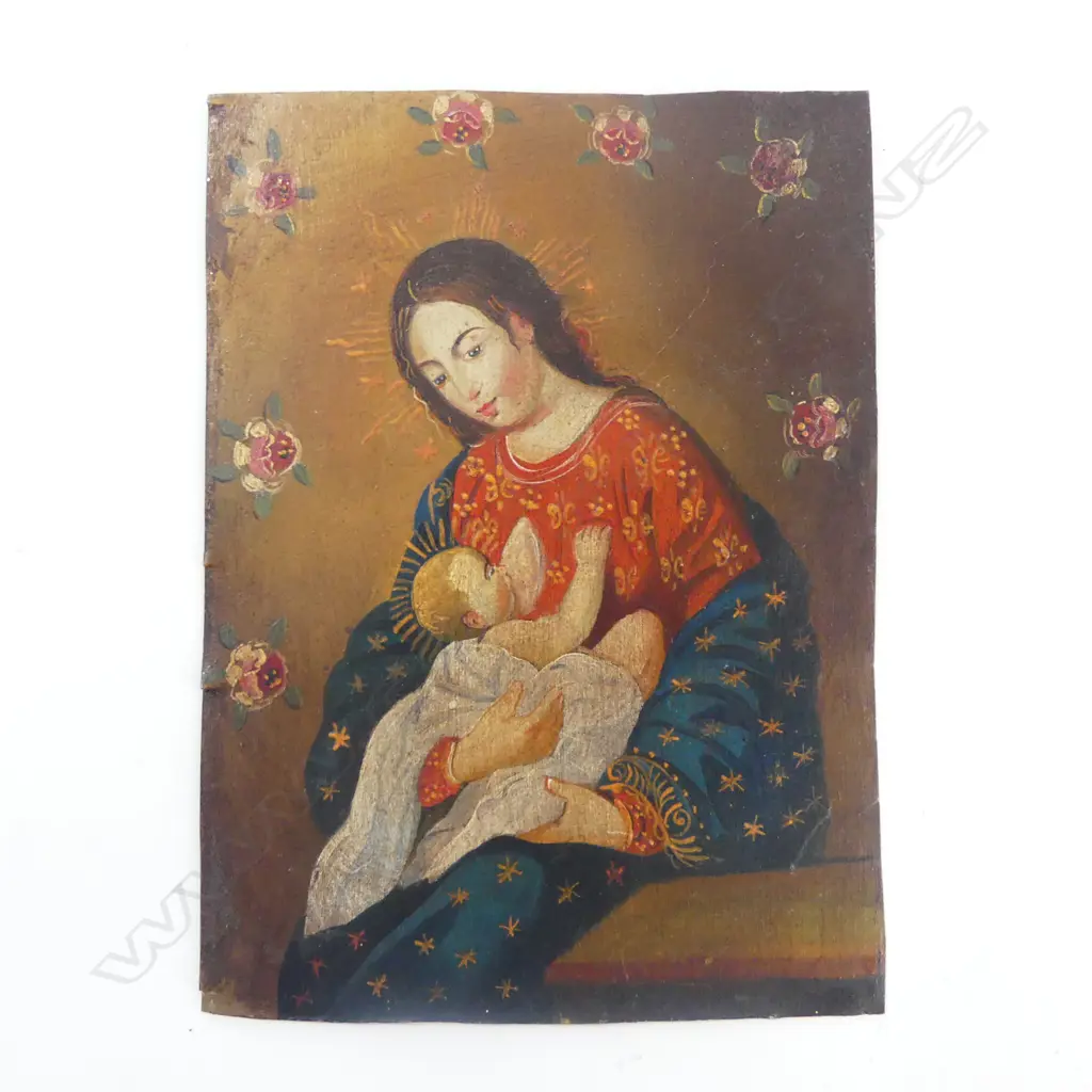 ANTIQUE PERUVIAN RETABLO; OIL ON METAL 160x120mm Image 1++