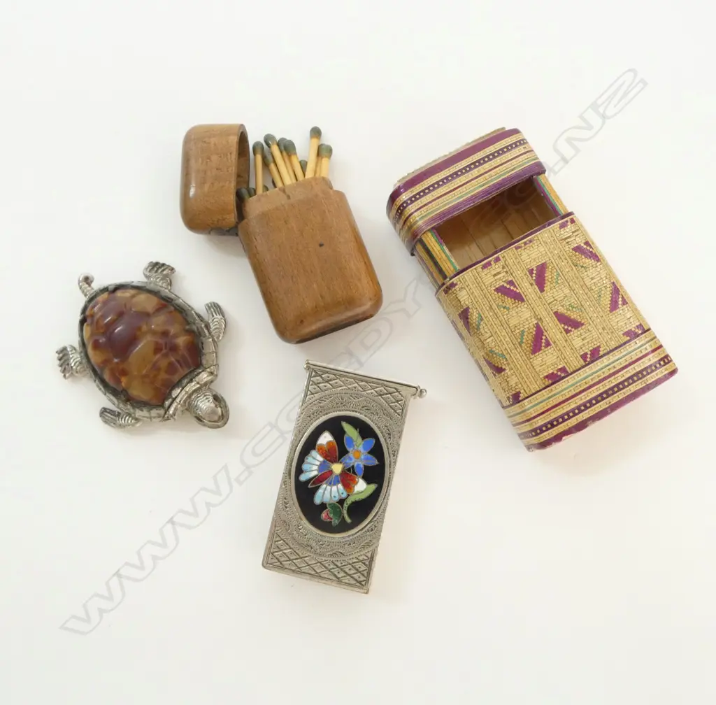 4 ANTIQUE VESTA CASES: TURTLE + ENAMEL+ FINE INLAID WOOD + WOODEN W hinged lid Image 1++