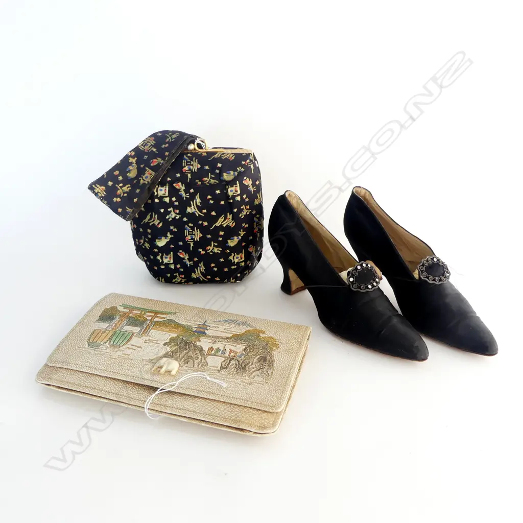 2 ORIENTAL VINTAGE PURSE + PR OLD BLCK SILK MED HIGH HEELED LADIES SHOES some diamantes missing Image 1++